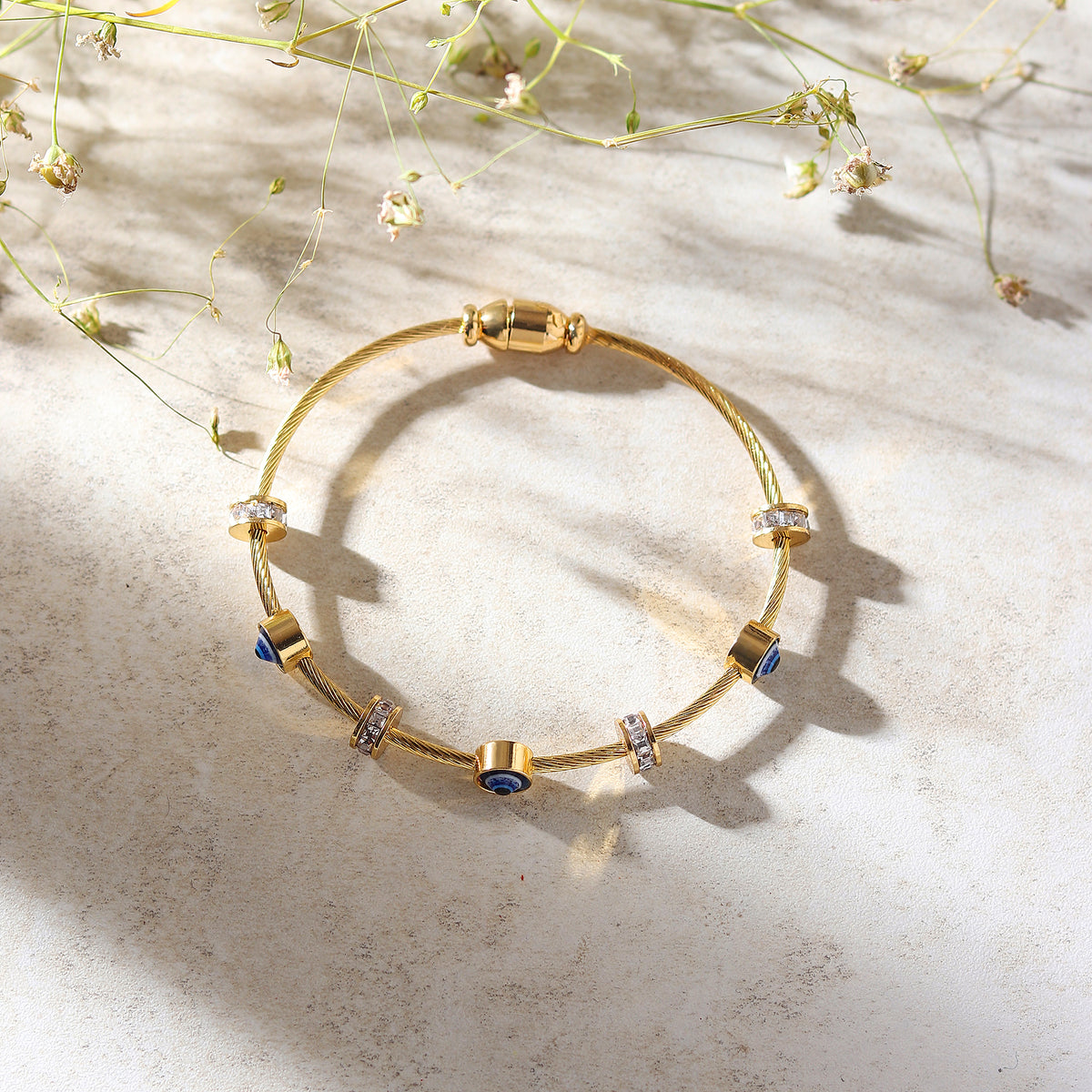 Gold-Tone Blue Evil Eye Cable Bracelet for Women