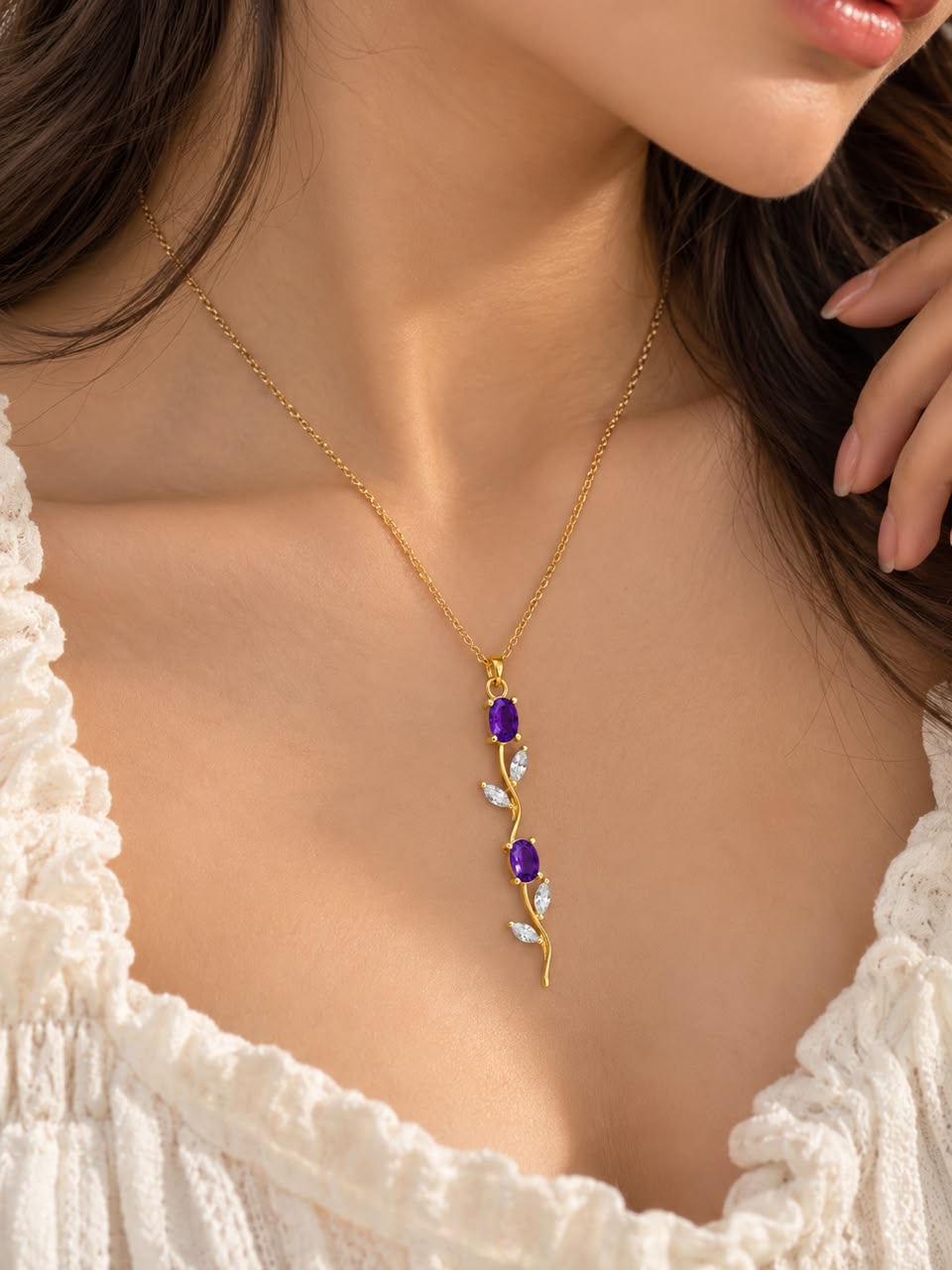 Title: Gold-Tone Purple Crystal Vine Pendant Necklace for Women | NUSH Jewel