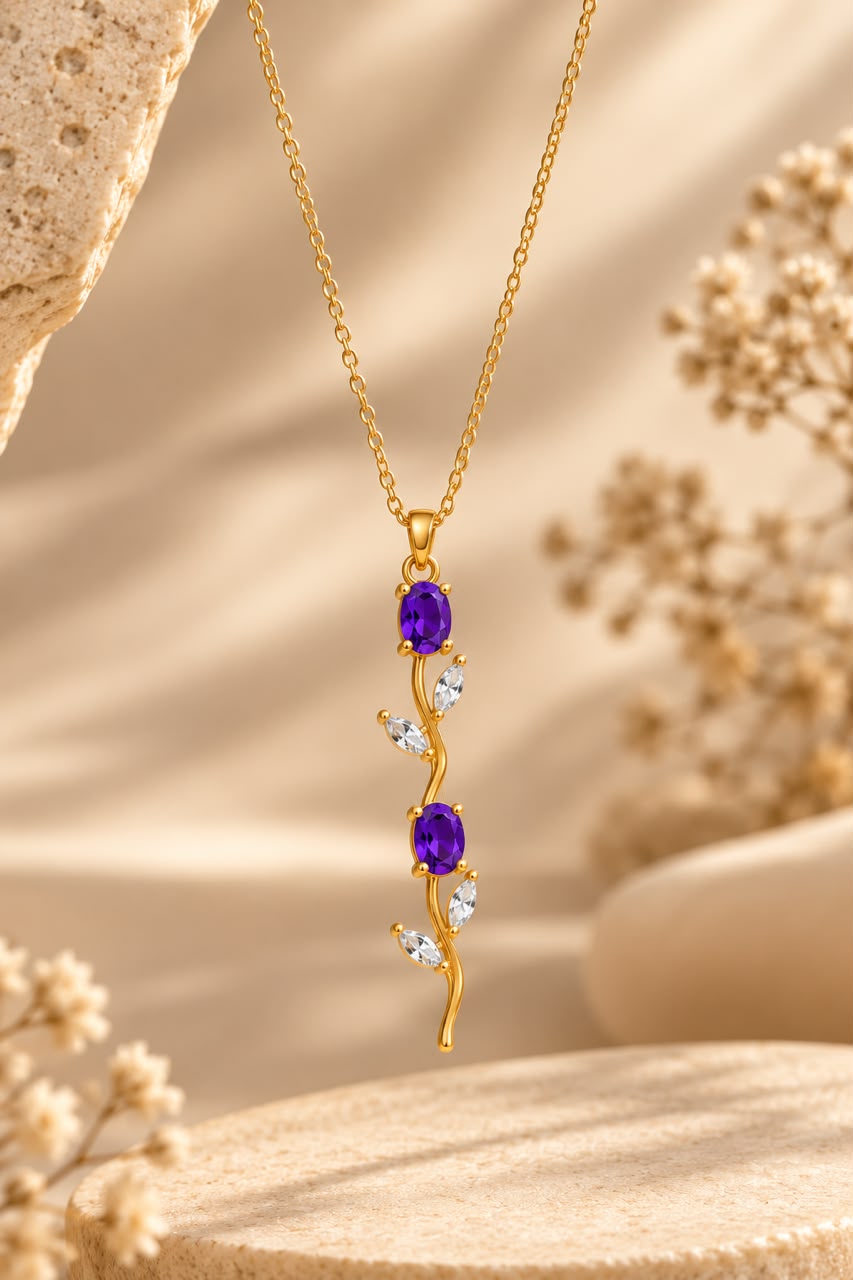 Title: Gold-Tone Purple Crystal Vine Pendant Necklace for Women | NUSH Jewel