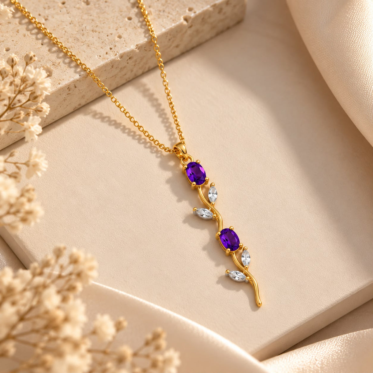 Title: Gold-Tone Purple Crystal Vine Pendant Necklace for Women | NUSH Jewel