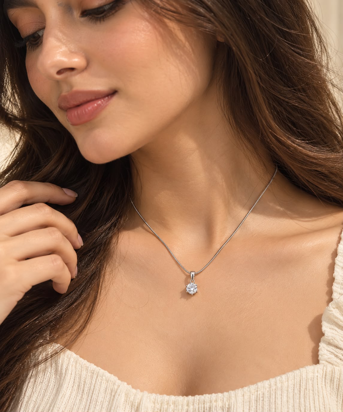 Silver-Tone Solitaire Crystal Pendant Necklace for Women | NUSH Jewel