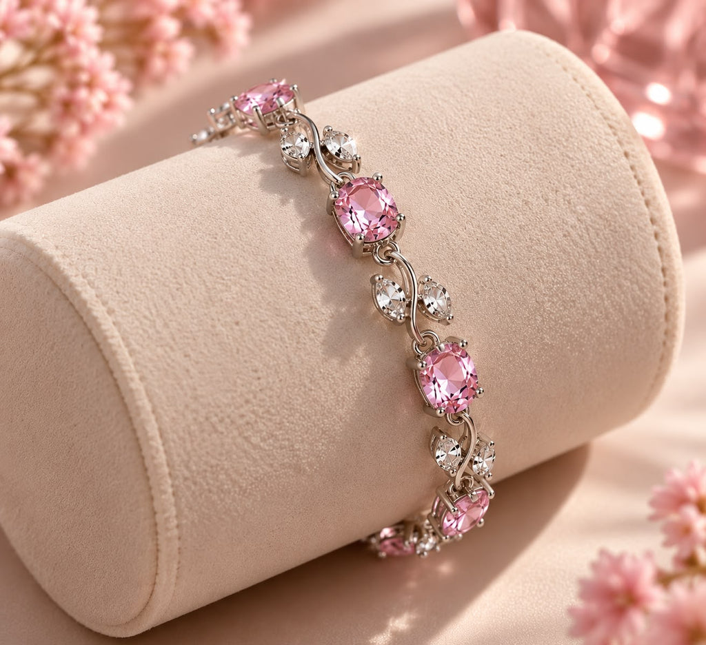 Silver-Tone Pink Crystal Floral Vine Bracelet for Women | NUSH Jewel