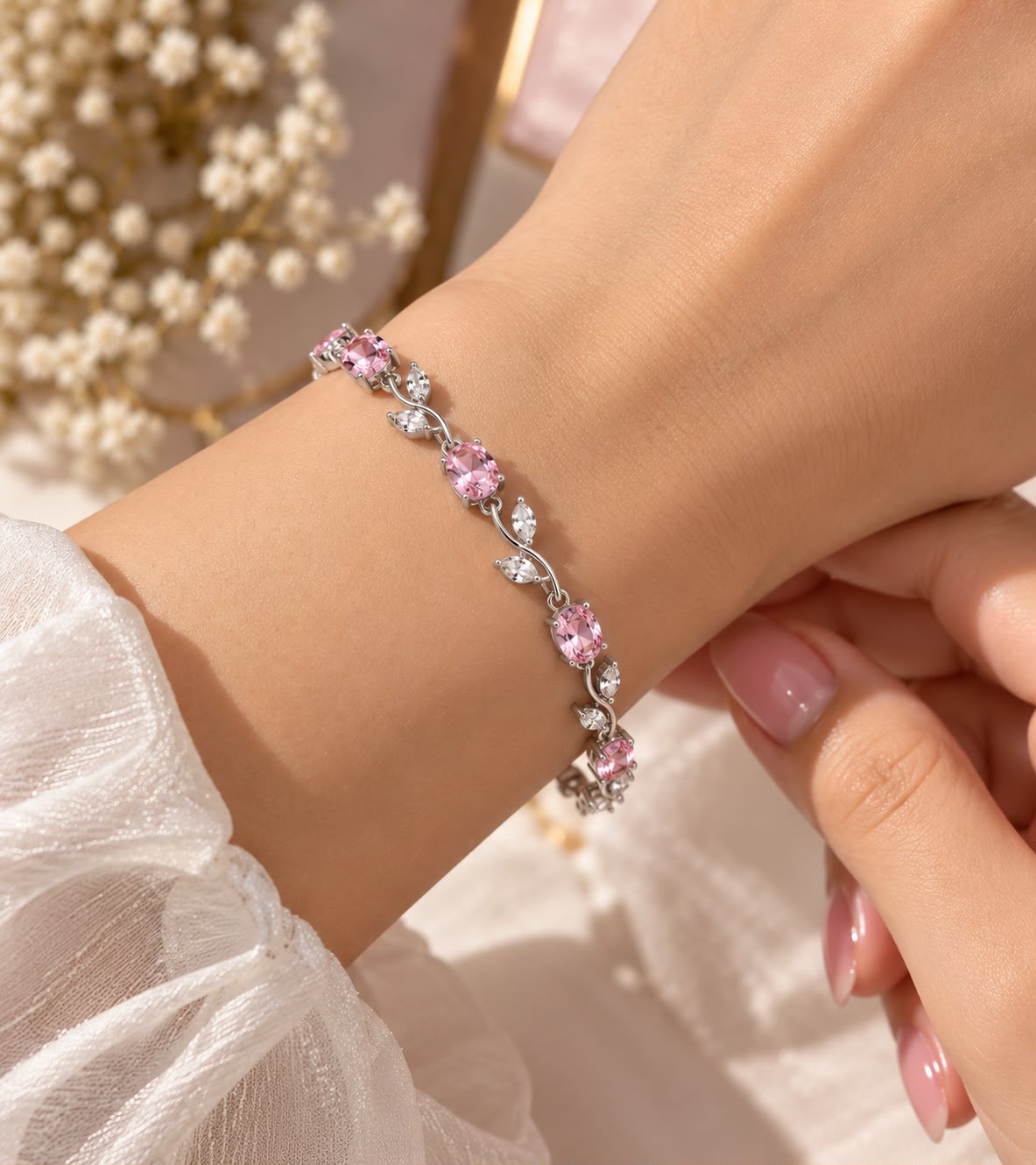 Silver-Tone Pink Crystal Floral Vine Bracelet for Women | NUSH Jewel